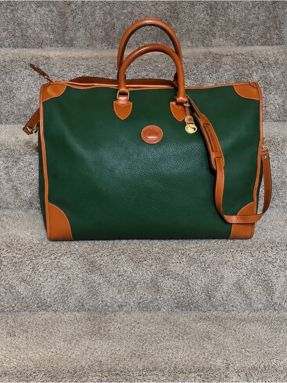 Rare Vintage Dooney & Bourke Fir Green and Tan Leather Weekender